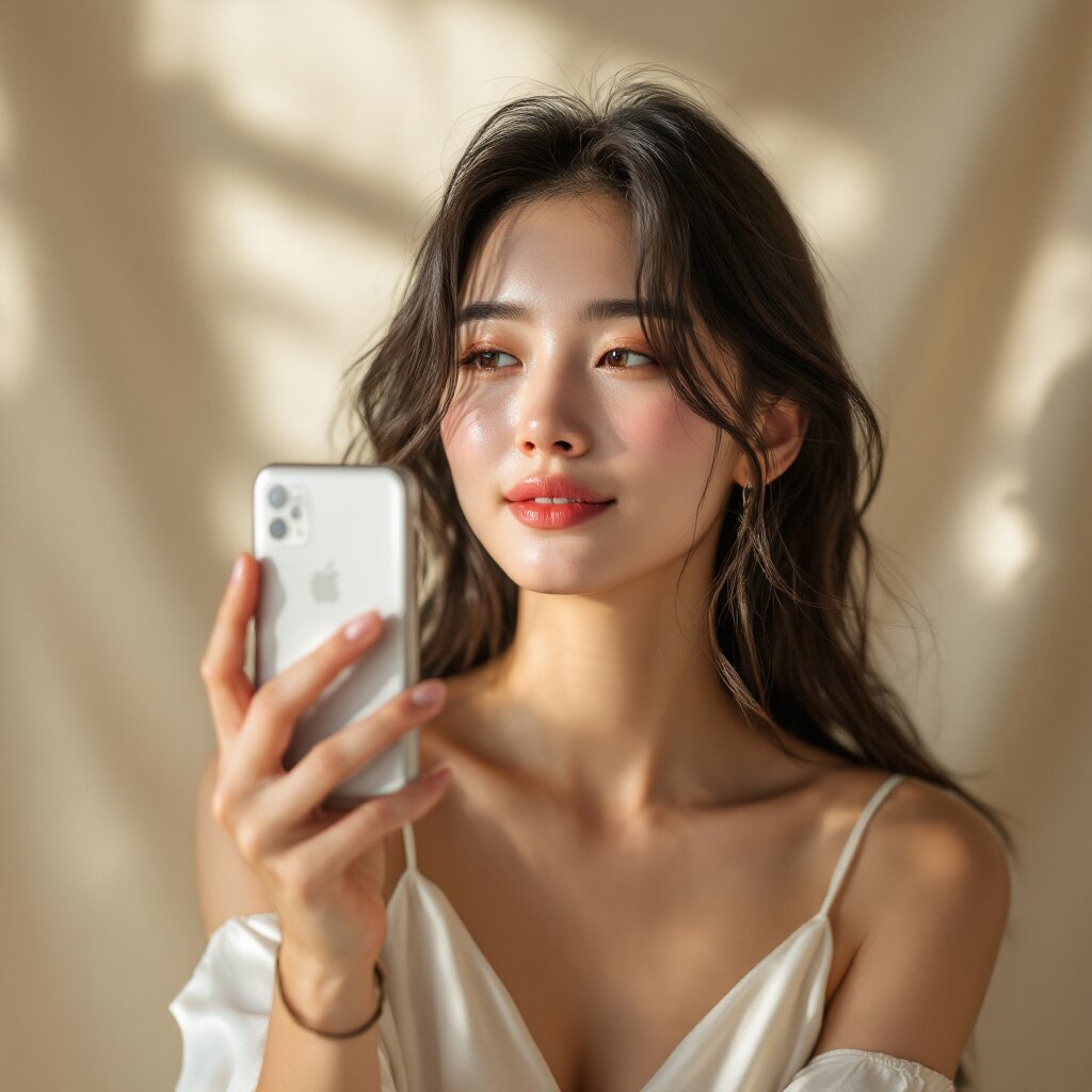 The same woman holding her phone close, taking tonight's selfie